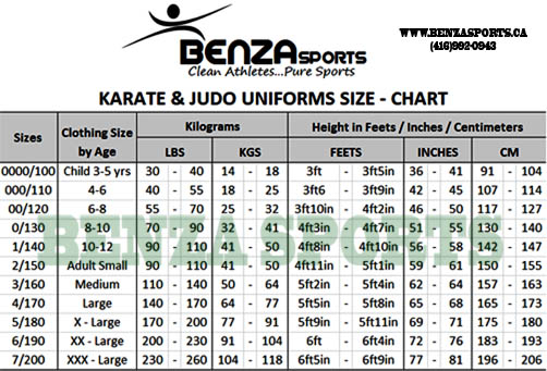 Medium & Heavy Weight Karate Gi Size Chart