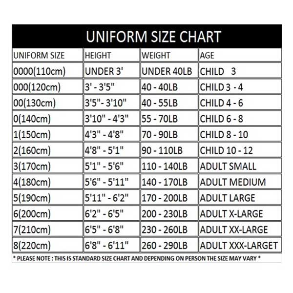 adidas taekwondo uniform size chart