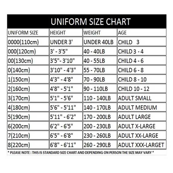 Taekwondo Uniform Size Chart