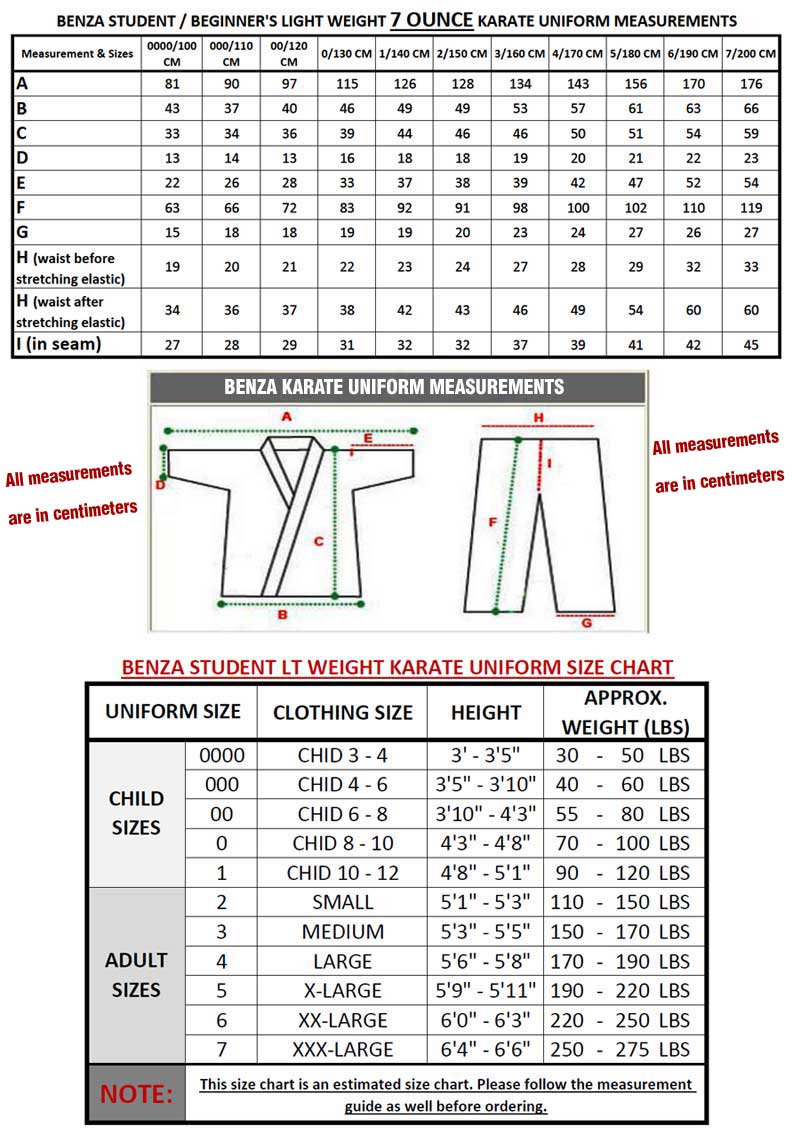 Light Weight Karate Uniform Size Chart