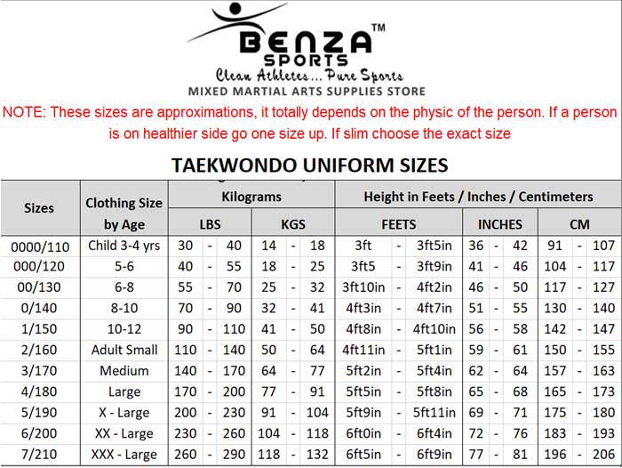 Martial Arts Pants Size Chart