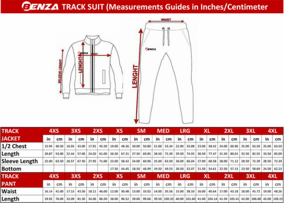 Benza Tracksuit Size chart